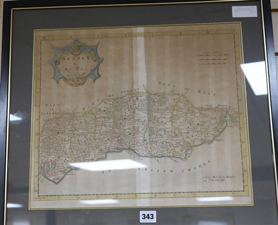 Robert Morden, hand coloured engraving, Map of Sussex 36.5 x 42cm